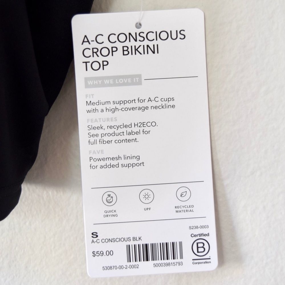 ATHLETA Conscious Crop Bikini Swim Top A-C, Black Size Small NWT $59 - Picture 5 of 11